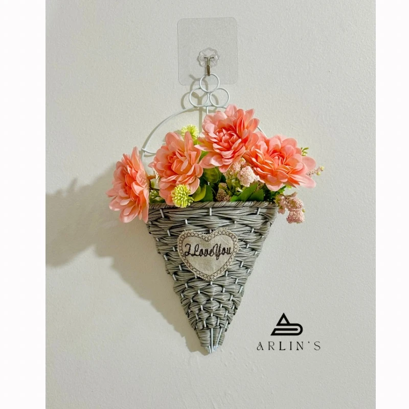 metal flower hanging bucket with flower bunch